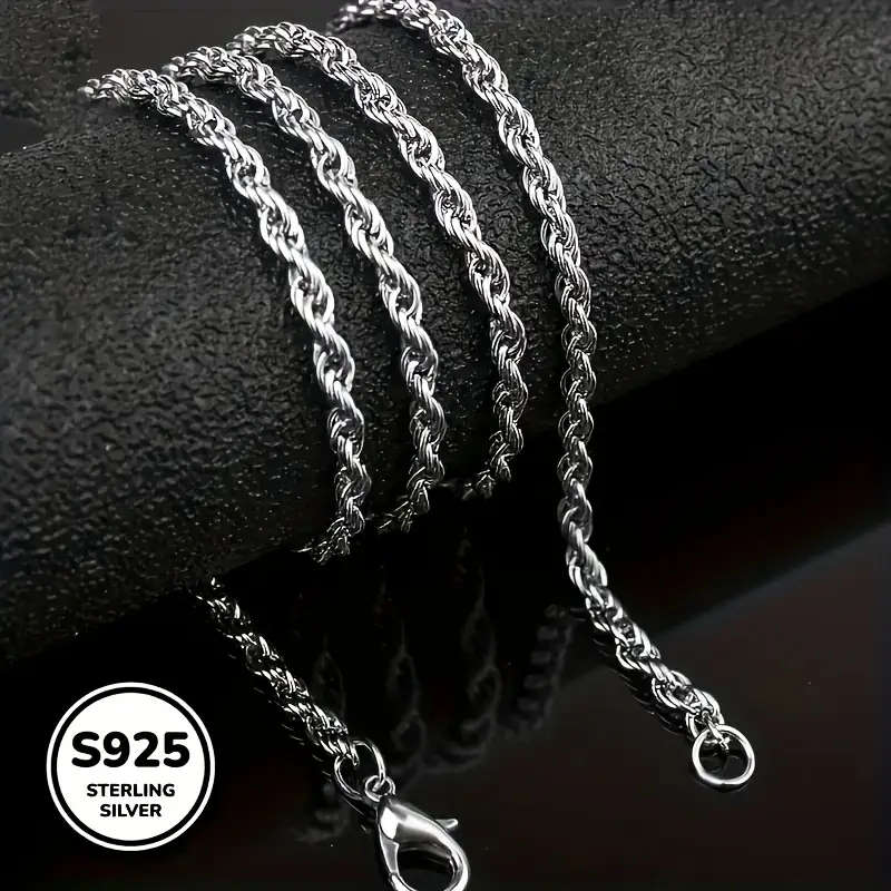 925 Sterling Silver Twisted Rope Necklace, Simple Hip-Hop Style, Shiny Basic Chain