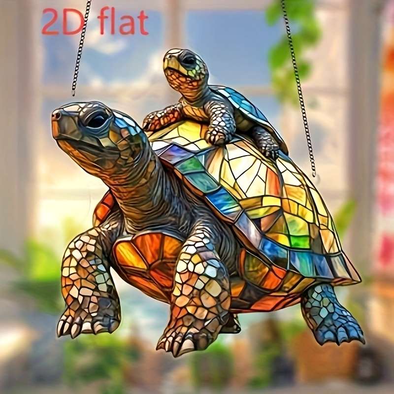 2D Flat Vibrant Stained Glass Style Turtle Light Catcher 20.32Cm X 18.03Cm Acrylic Wall Hang