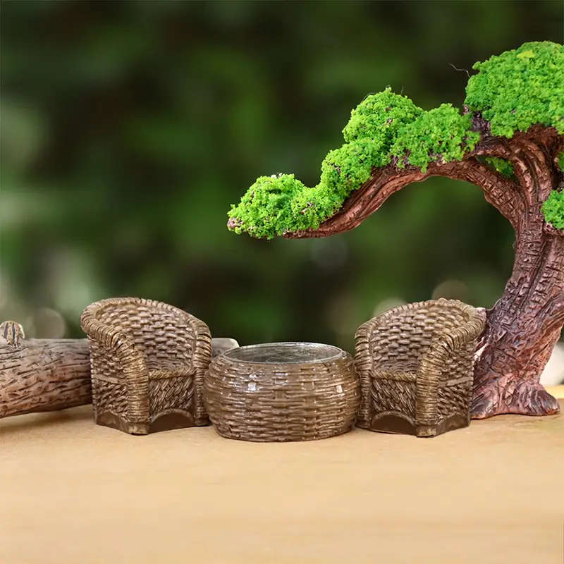5pcs Miniature Bamboo Woven Furniture Set with Resin Crafted Figurines Ideal for Indoor Outdoor Deco