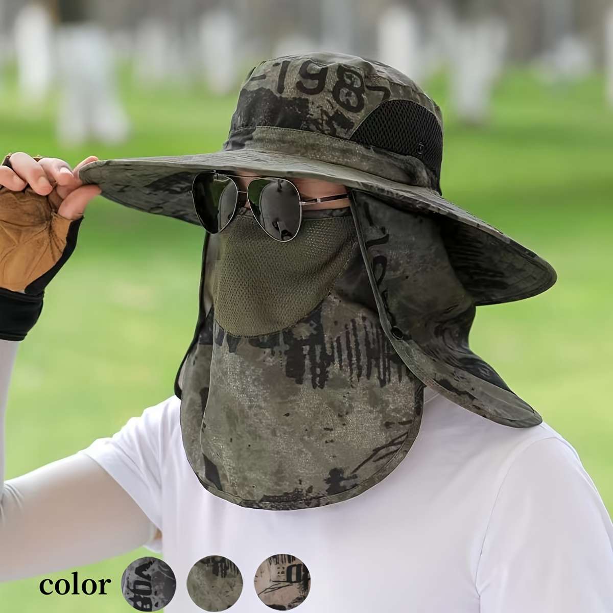 A Men'S Ink Print Full-Face Breathable Sun Hat With Neck Coverage A Removable Bucket Hat Suita