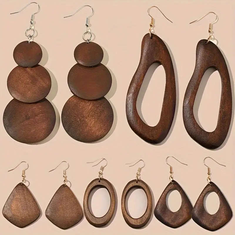 5pcs Set  Vintage Look Brown Wooden Earrings