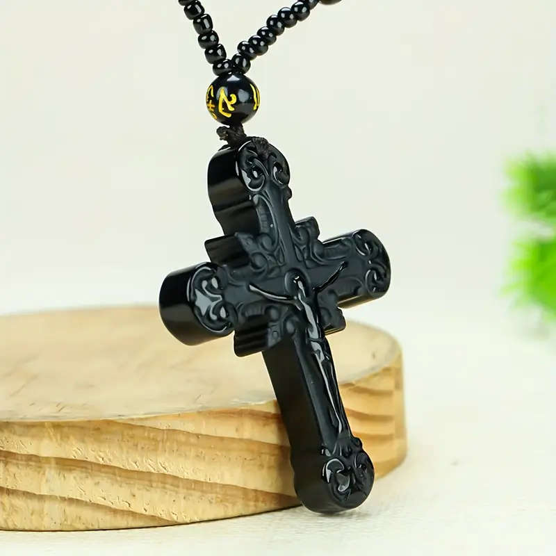 Natural Obsidian Cross Pendant Necklace