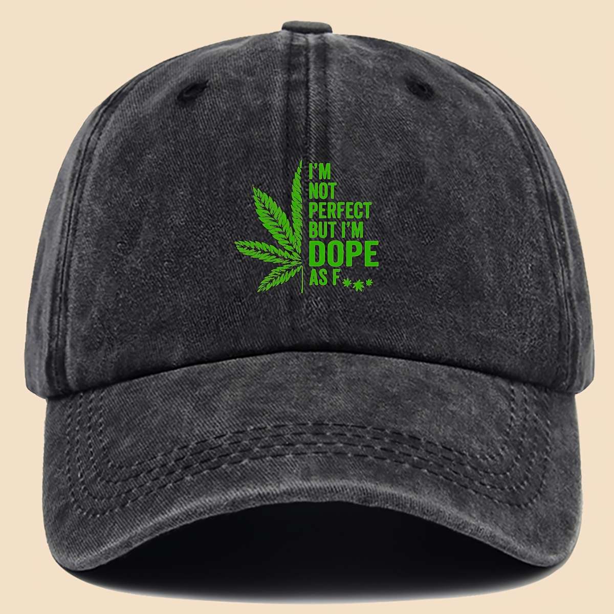Stylish Black Baseball Cap with Green Leaf and I'M NOT PERFECT DOPPE Print Breathable