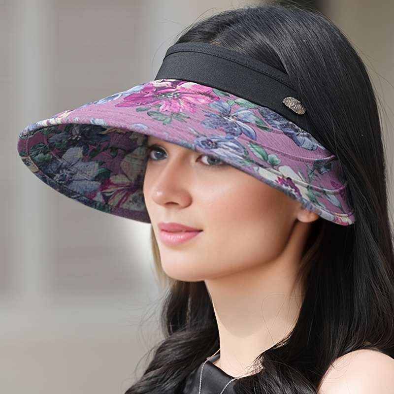 1pc Women's Floral Sun Visor Hat Wide Brim Polyester Cap with Open Top Design Adjustable Brea