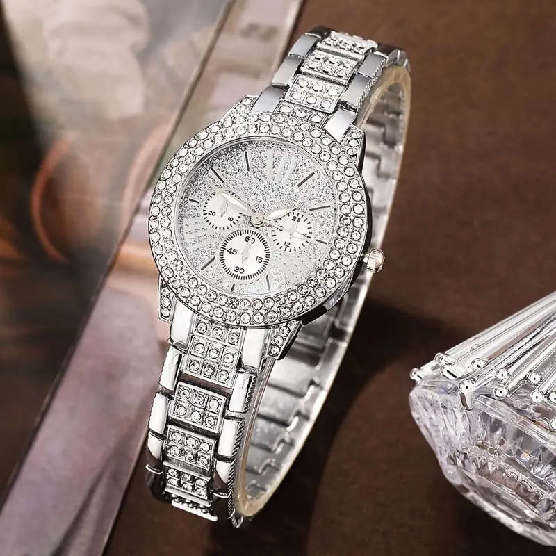 6-Piece Women's Fashion Quartz Watch Silver Rhinestone Necklace Earring Ring Set