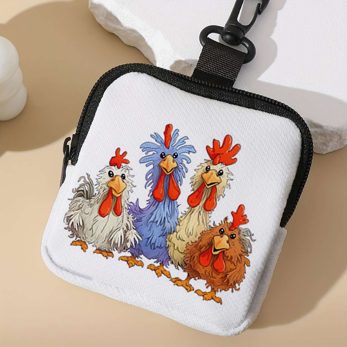 1pc Chic Cartoon Chicken Large Capacity Coin Purse with Key Holder Durable Polyester Multi-Funct