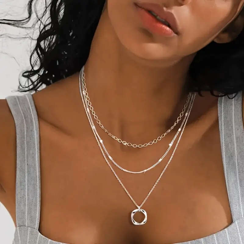 Boho-Chic 925 Sterling Silver Layered Necklace with Round Pendant