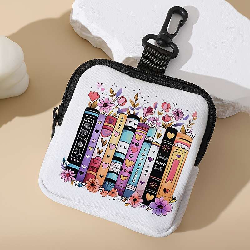 Flower And Book Pattern Printed Coin Purse With Buckle And Zipper Pockets Multifunctional