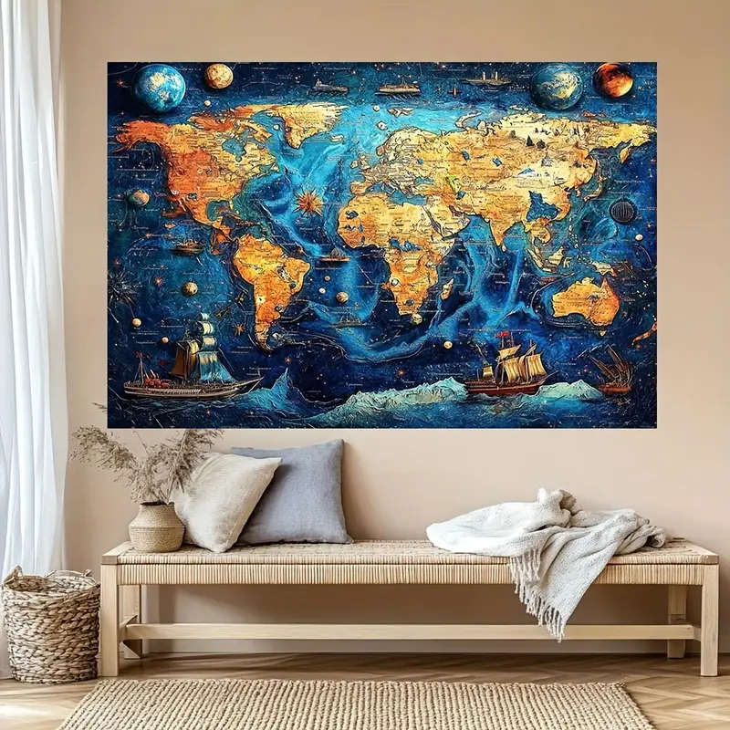 BIG!!! Colorful Relief World Map Printed Banner - Durable Fabric with Vibrant Mixed Colors