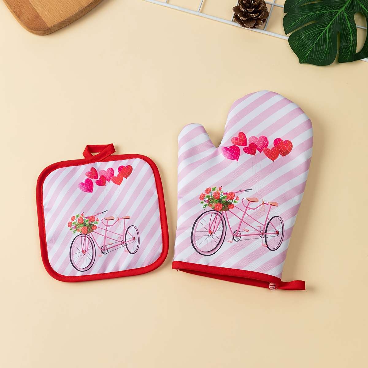 2pcs Valentine'S Day Kitchen Oven Gloves Set Polyester 100% Heat Resistant Baking Mitts Digit