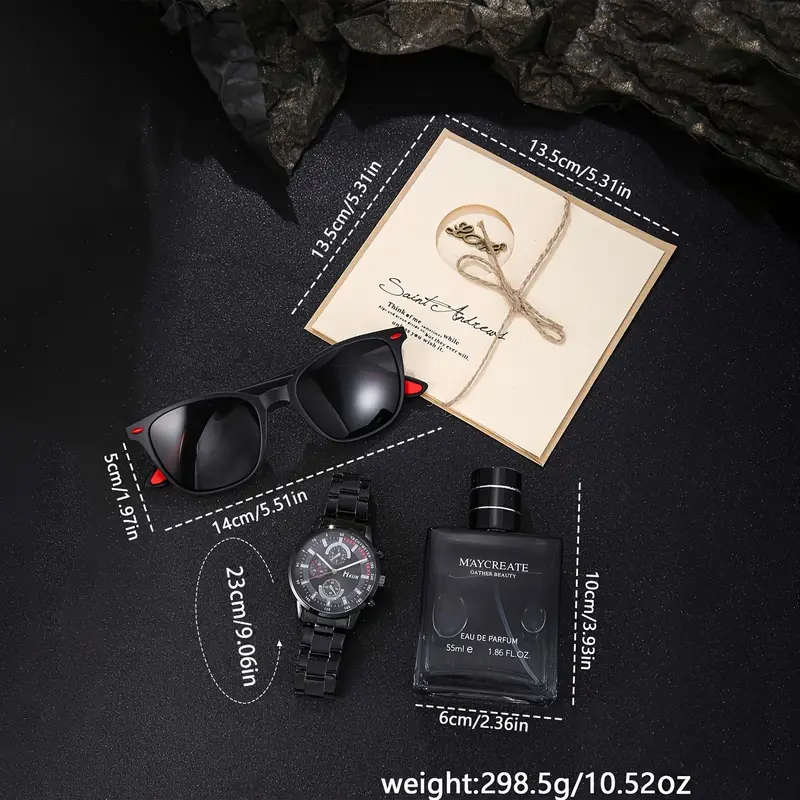 Set of 3 Including a Stylish Men'S Quartz Watch Perfume And Glasses Packaged As a Gift Box Perfect f