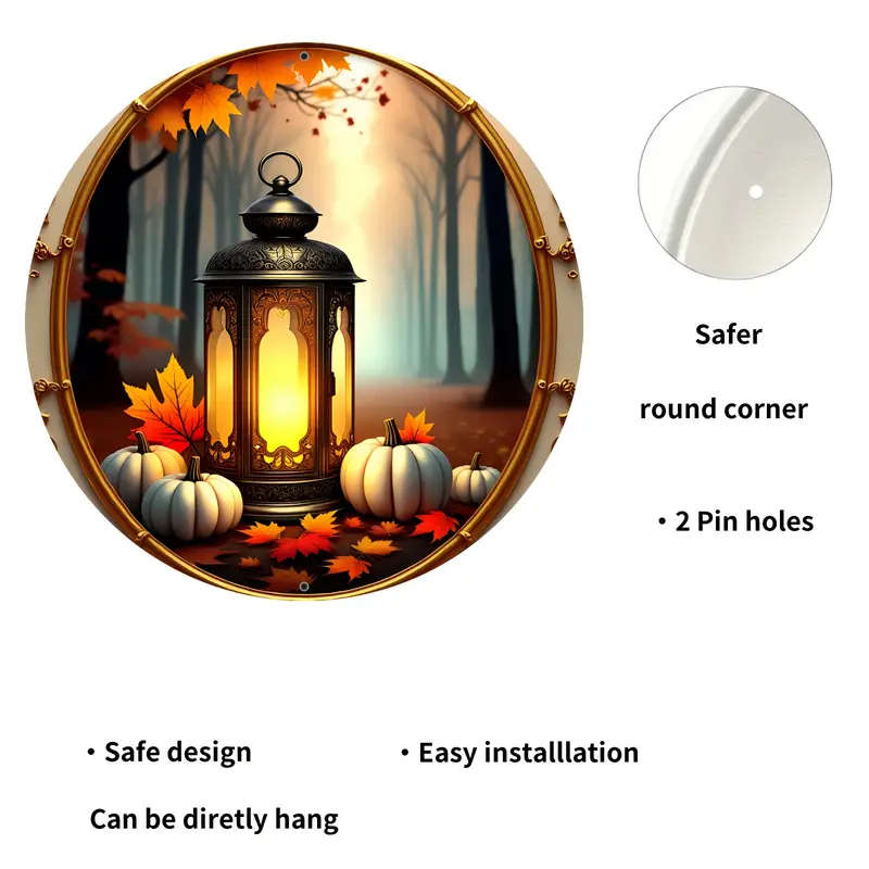 1pc Rustic Lantern Pumpkin Design Aluminum Wall Sign 19.99 cm Round Safe Rounded Corners Easy Instal