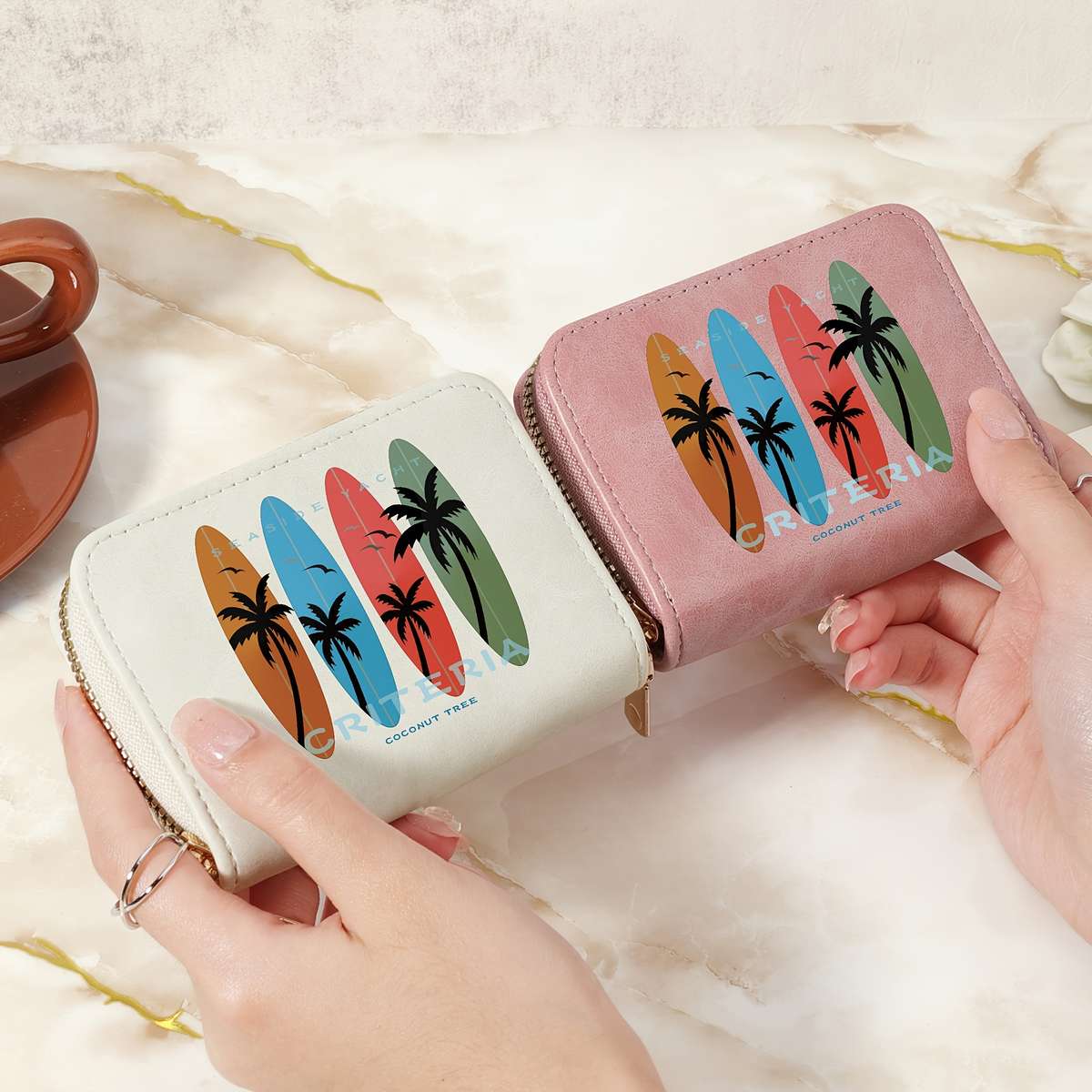 Tropical Print Women'S Compact Wallet Stylish Zippered Clutch