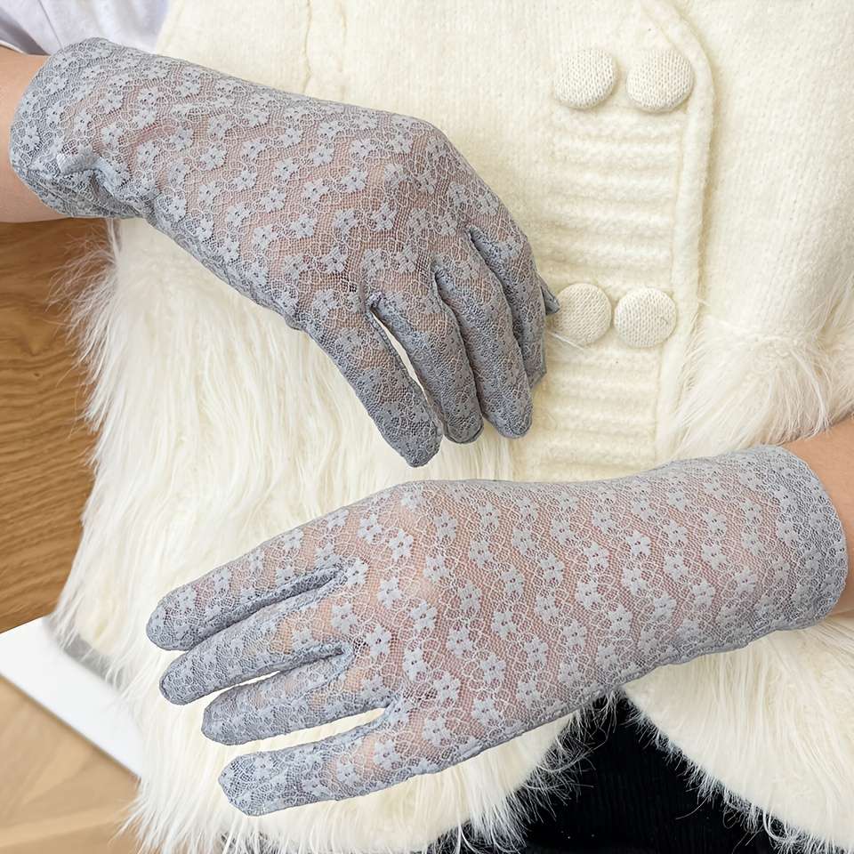 1 Pair Grey One Size Floral Lace Gloves
