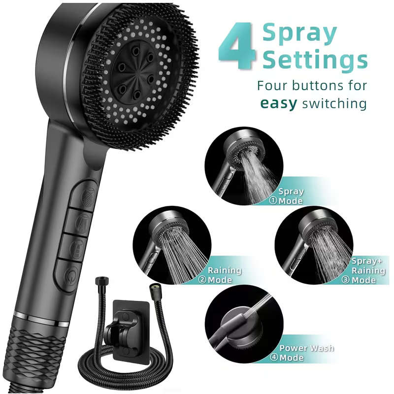 Handheld Pressurized Showerhead Four Spray Modes With 1.5Meter Reinforced Hose And Adjustable Bracke