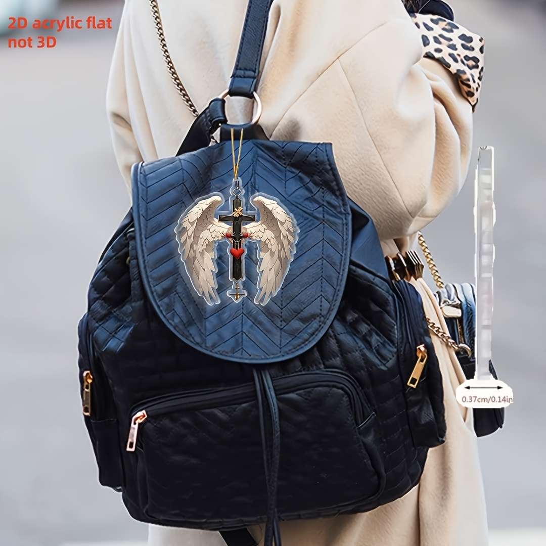 1pc 2D Flat   Acrylic Cross Pendant with Angel Wings Car Mirror Bag Keychain Accessory