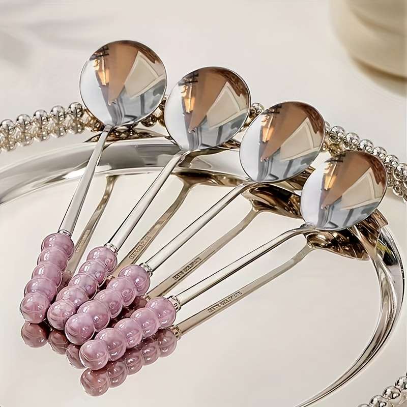 4pcs Stainless Steel Coffee Scoops with Elegant Ceramic Pearl Handle Multi-Purpose Soup Desse