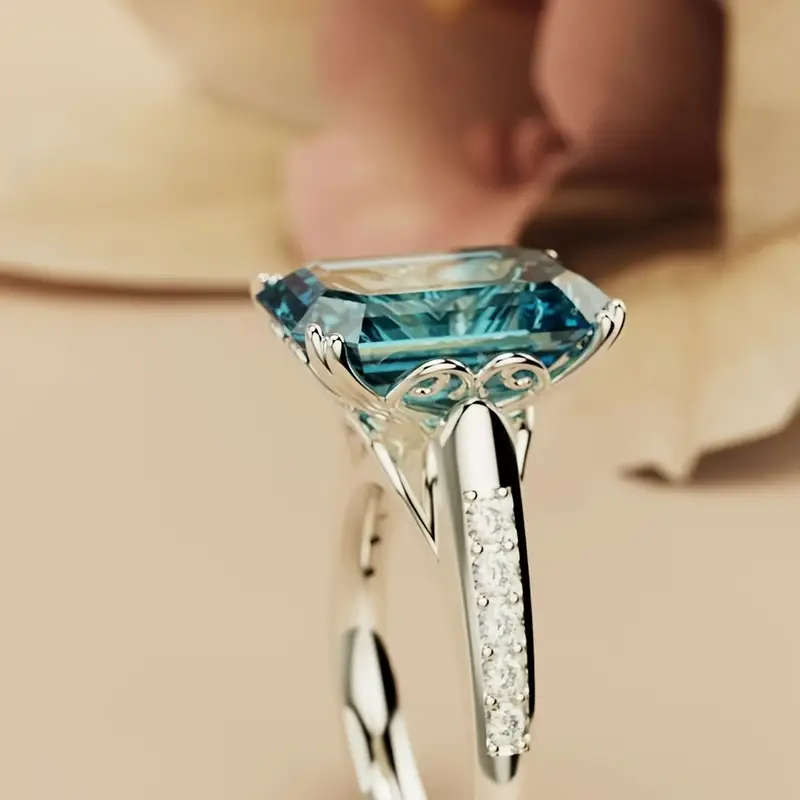 Elegant Green Cubic Zirconia Ring, Fashion Cut Square Shape