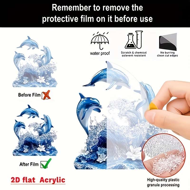 2D Flat Printing Blue Three Dolphins Acrylic Display Sign Cafe Bedroom Living Ro