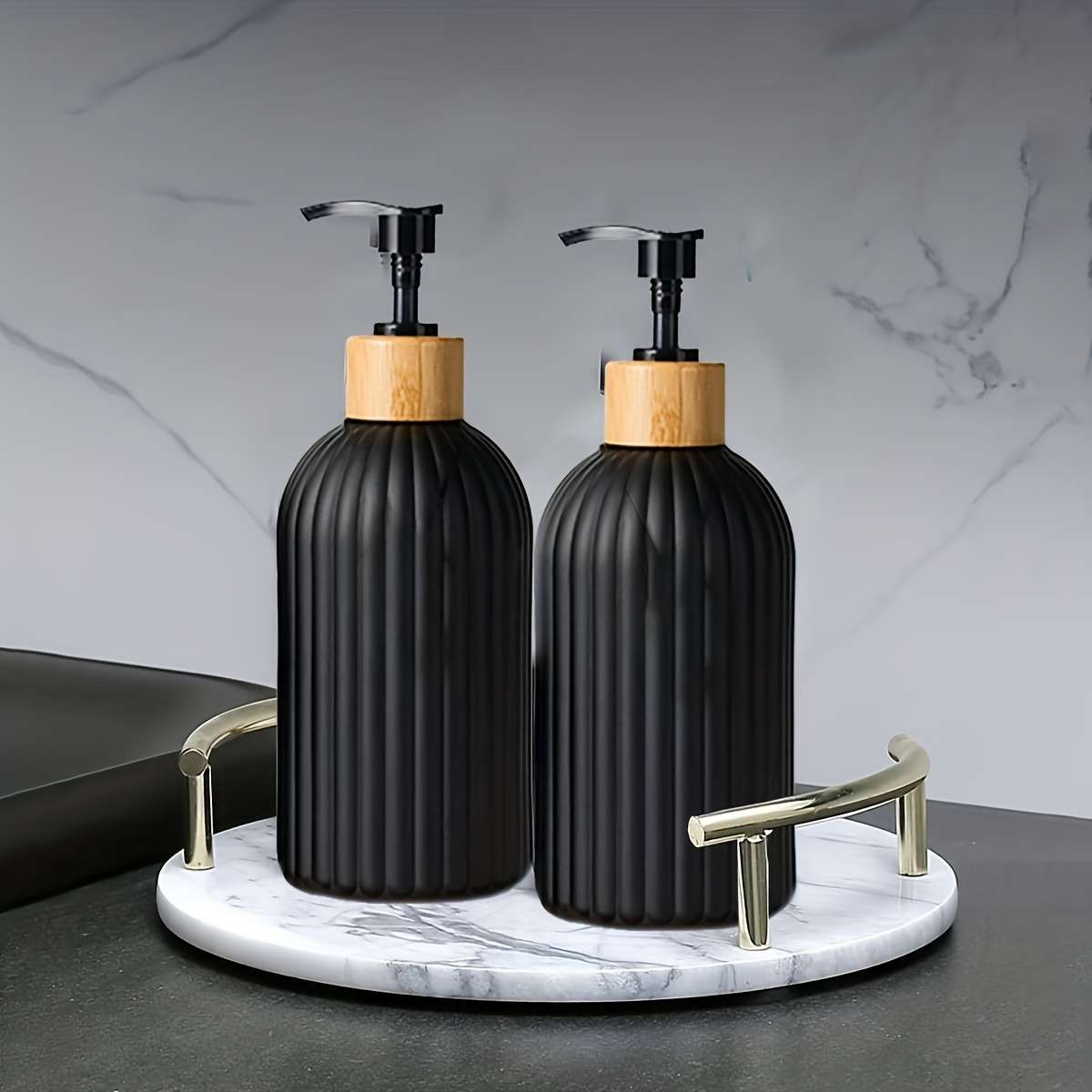 2pcs Plastic Soap Dispenser For Bathroom Bamboo Pump   17oz2 Kitchen Soap Dispenser Set Dis