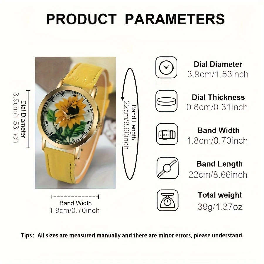 6pcs Set Women's Quartz Watch Set Bracelet Necklace Ring Earrings Jewelry Set Yellow Sunflower Fashi