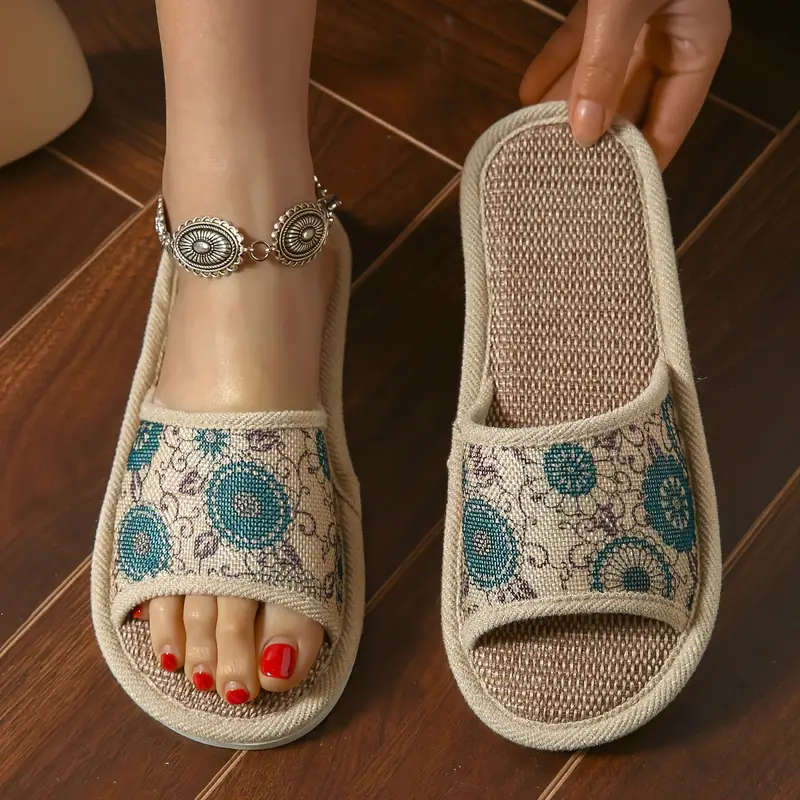 Floral Linen Breathable Open Toe Flat Shoes