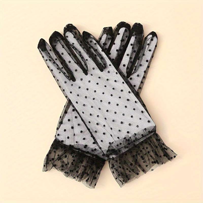 1 Pair Black Dots Black And White Lace Gloves