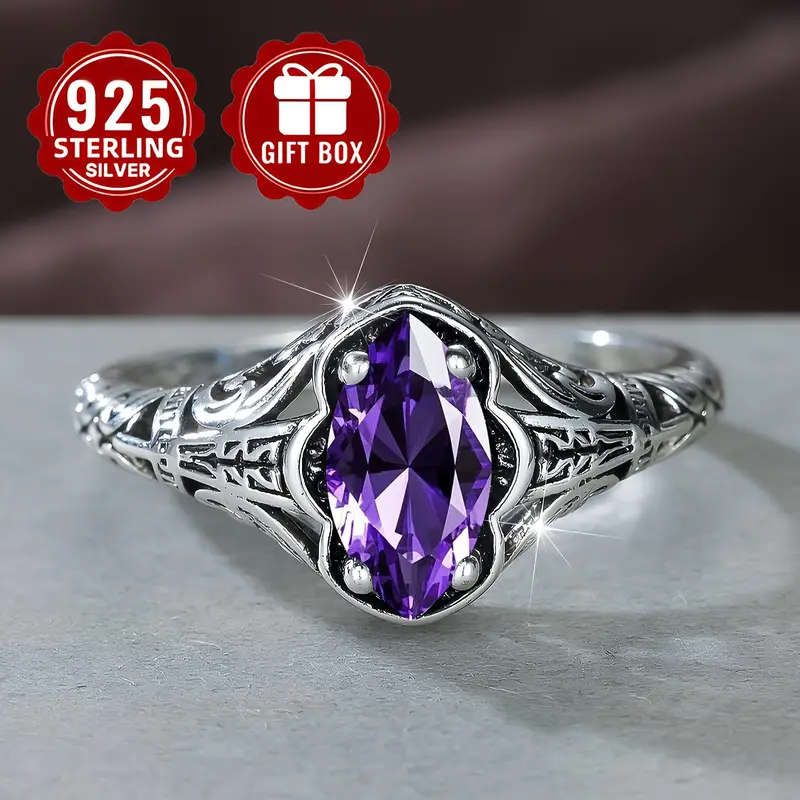 S925 Silver Vintage Elegant Marquise Cut Purple Synthetic Synthetic Zirconia Ring