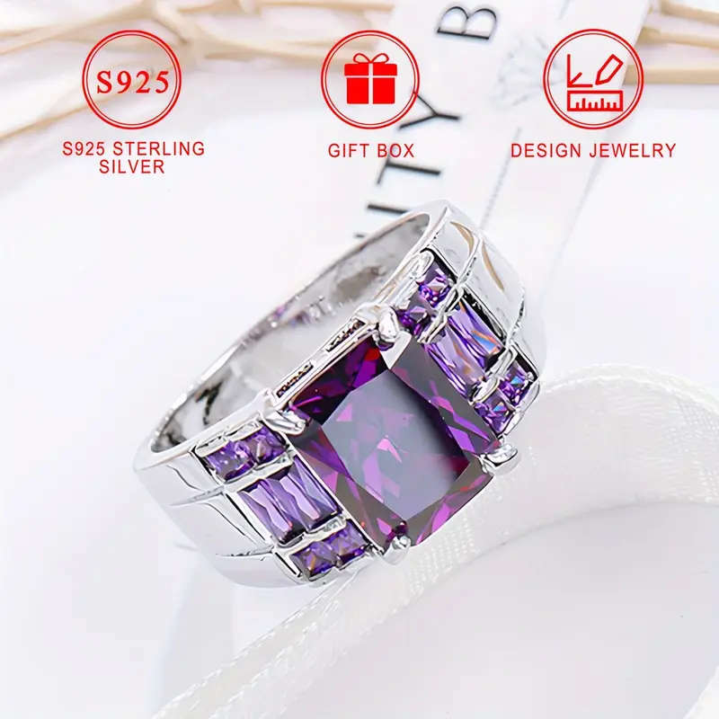 925 Sterling Silver Ring with Square Purple Synthetic Zirconia