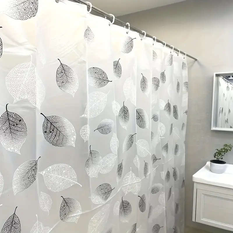 1pc Leaf Pattern Waterproof Shower Curtain with Hooks Easy-Clean Plastic Decorative Bathroom Accesso