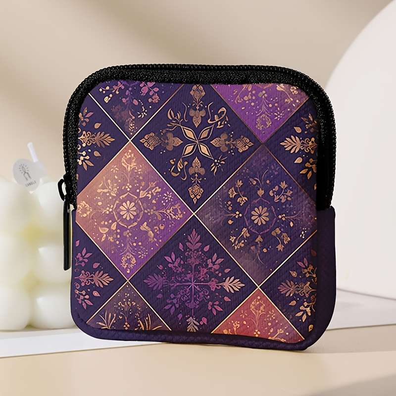 Square Grid Pattern Printed Coin Purse With Buckle And Zipper Pocket Multi-Functional Sto