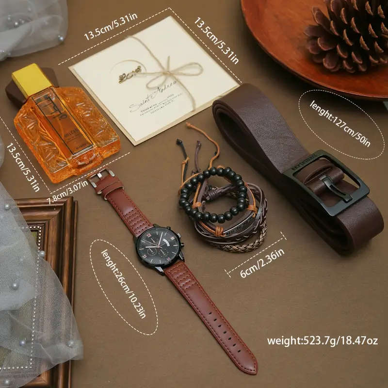 8Piece Set Men'S Watch Gift Box Set 3 Bracelet Sets Fashion Watches Perfume Belts Greeting Cards Atm