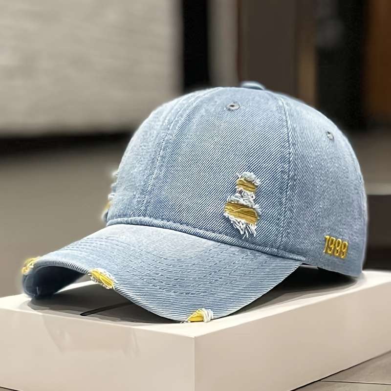 1pc Unisex Denim Baseball Cap 1999 Distressed Embroidery Lightweight Adjustable Button Closure