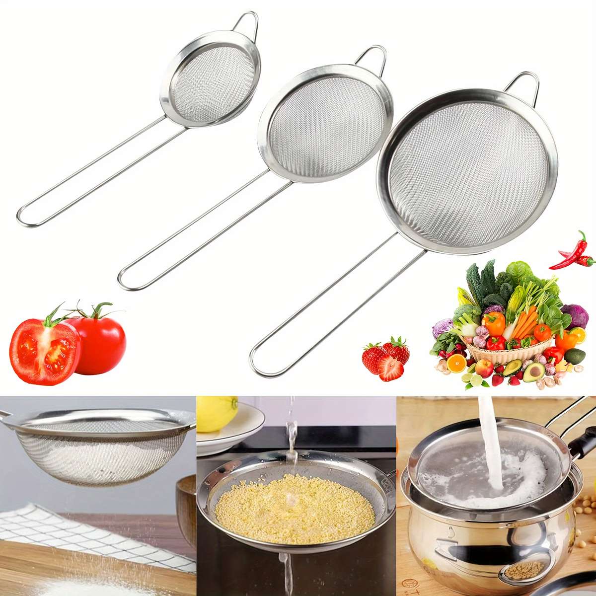 3pcs Stainless Steel Fine Mesh Strainers Set