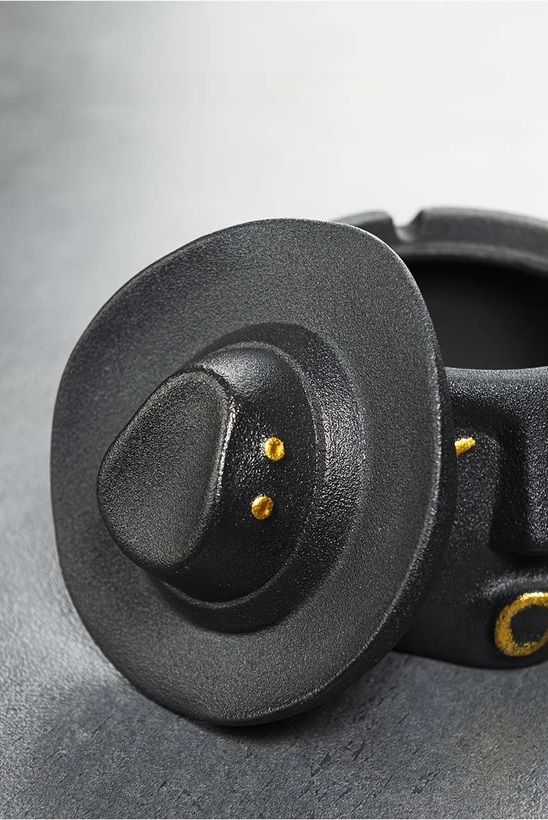 Unique Ceramic Ashtray With Lid C Stylish Cowboy Hat Design Black Yellow Aesthetic Home Deco