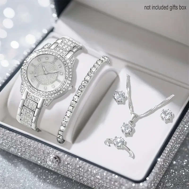 6 Pieces Silver Quartz Watch Jewelry Set