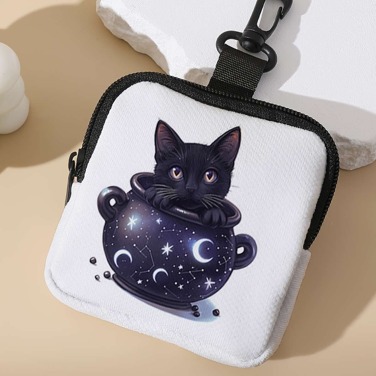 Contemporary Moon Jar Kitten Polyester Coin Wallet Large Capacity Zippered Digital Print S