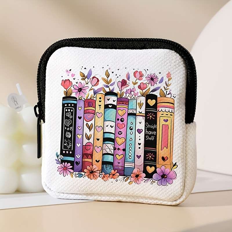 Flower And Book Pattern Printed Coin Purse With Buckle And Zipper Pockets Multifunctional