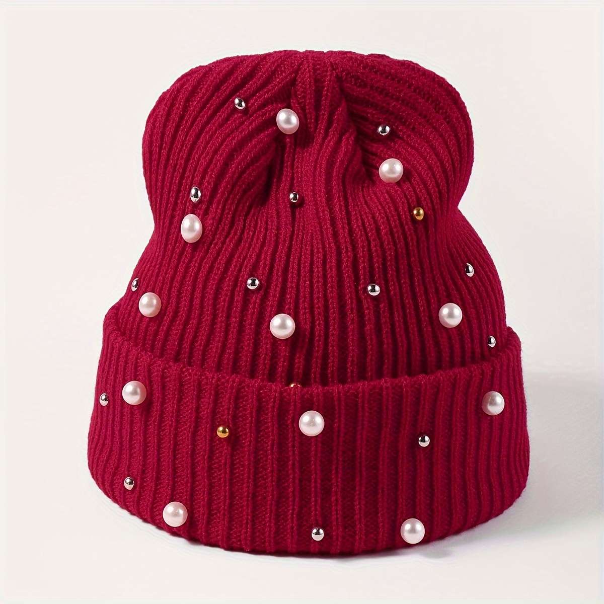 of Women'S Fashion Pearl Decorated Knitted Hat Without Brim Suitable for Autumn And Winter