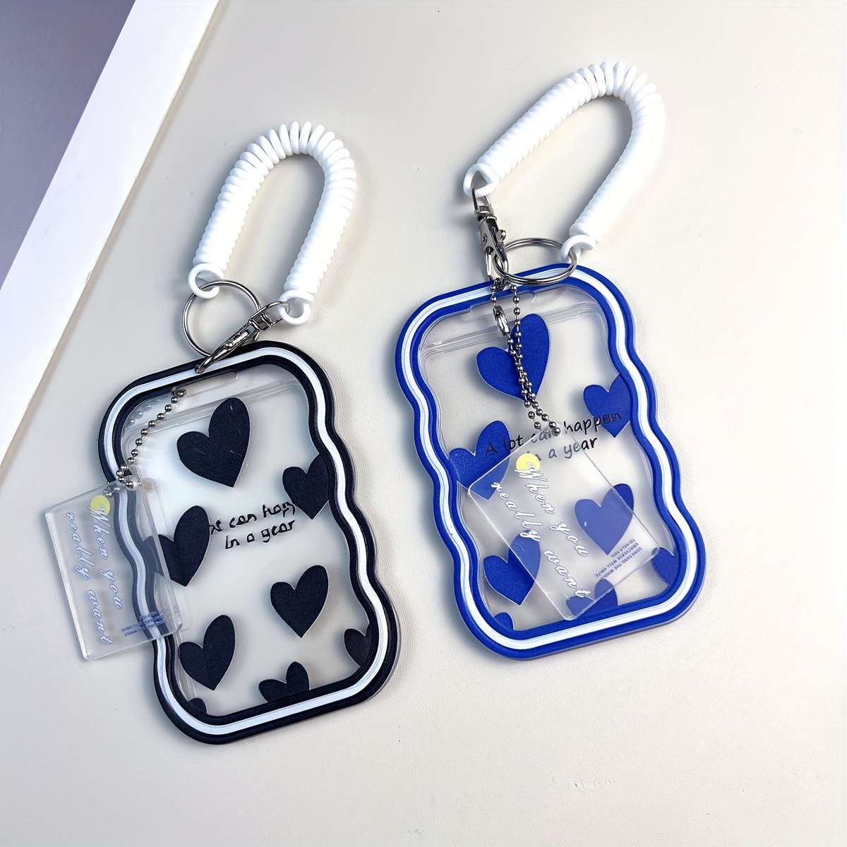 1pc TPU ID Card Holder with Love Text Pattern Portable Office Travel Card Case with Spring Lan