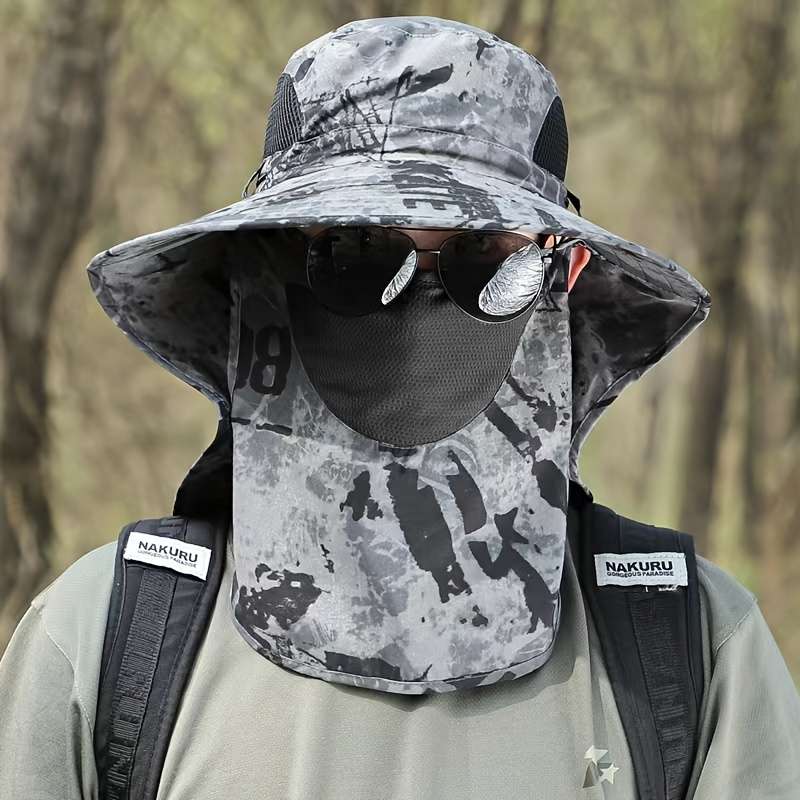Men'S Camo Sun Protection Hat With Neck Flap Mask Foldable Breathable Polyester For Outdoo