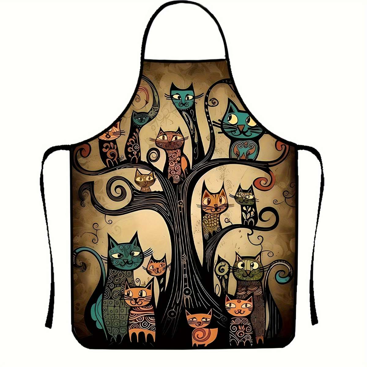 1pc Colorful Cartoon Cat Print Polyester Apron Sleeveless Durable Kitchen Cleaning Bib