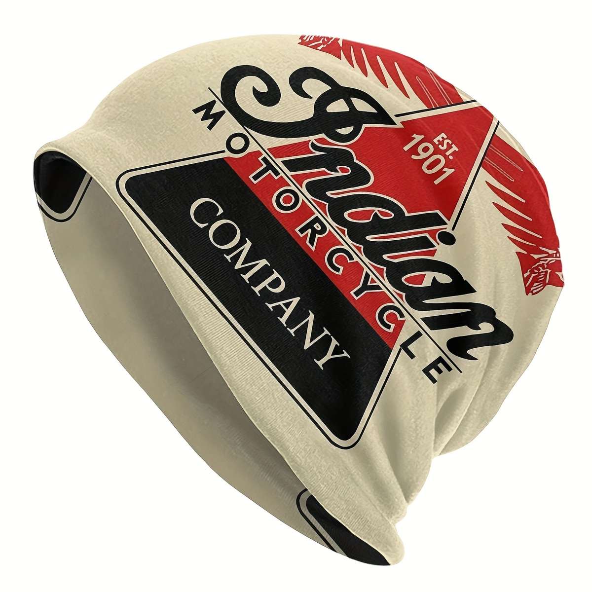 1pc Retro Indian Motorcycle Pattern Beanie Stretchy Knit Ski Cap Soft Polyester Blend Funky