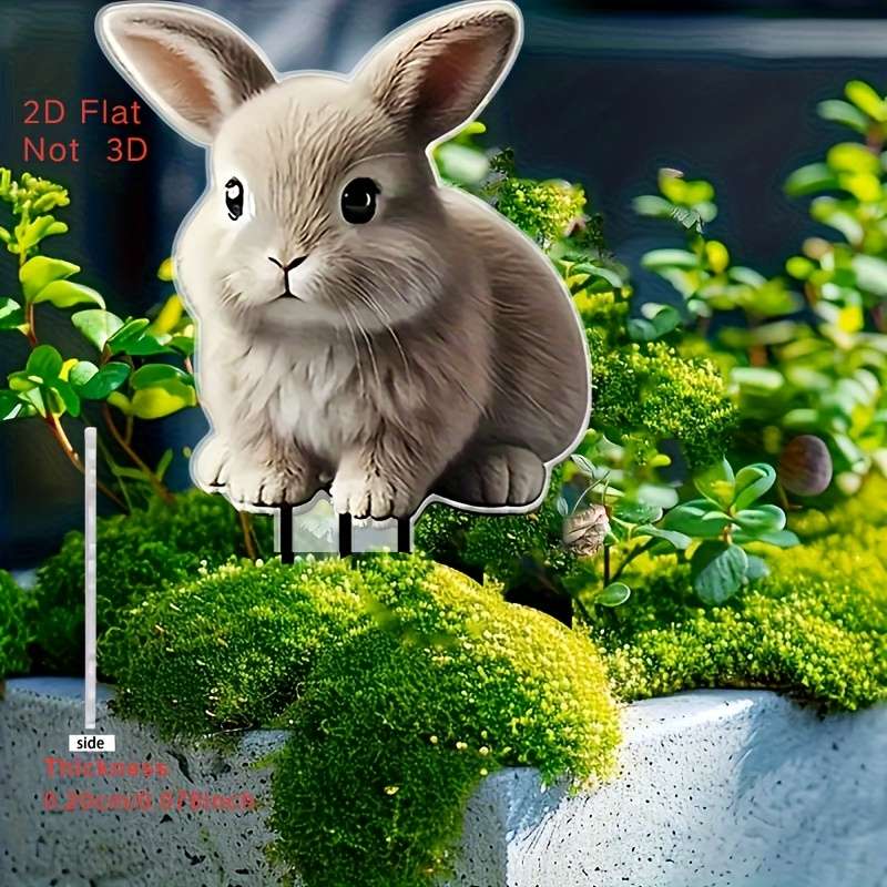 1pc 2D Flat   Charming Acrylic Rabbit Garden Stake Adorable Light Brown Bunny with Green Eyes