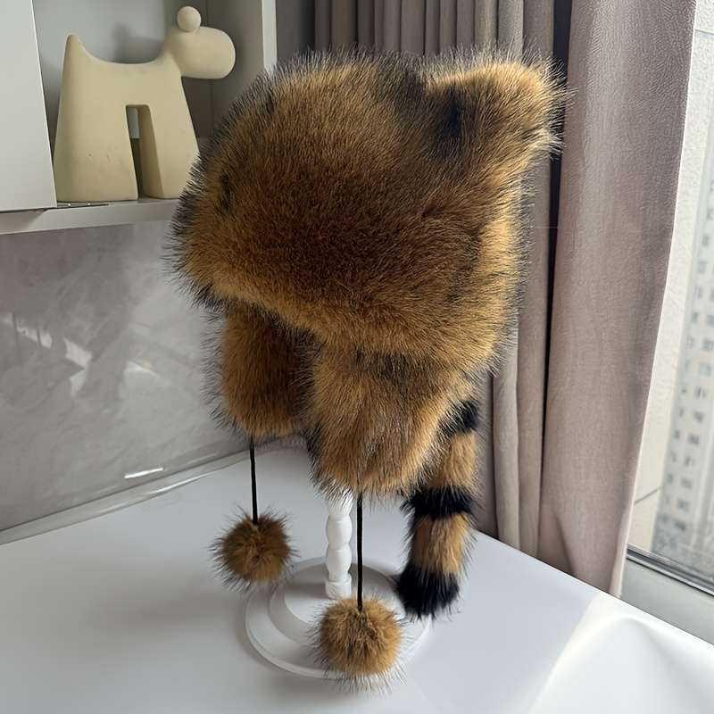 Thick Faux Fur Pilot Hat Warm Coldproof Trapper Hat With Ear Flap Ski Hat Cute With Tail Ha