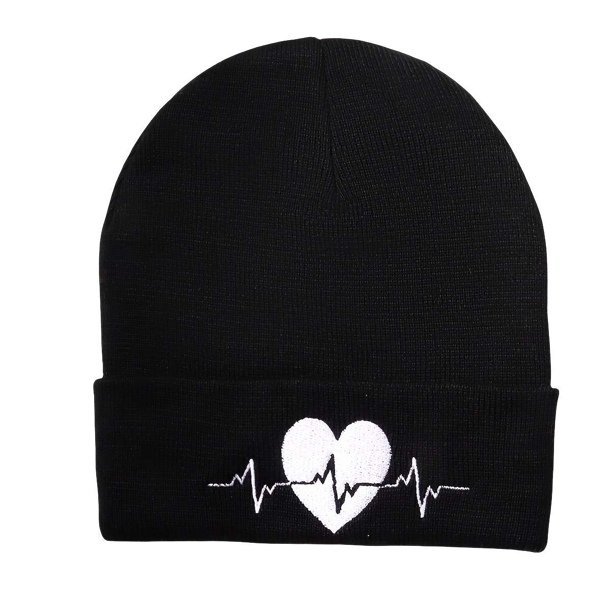 Heartbeat Embroidered Beanie Soft Acrylic Knit Winter Hat Elastic Lightweight Machine