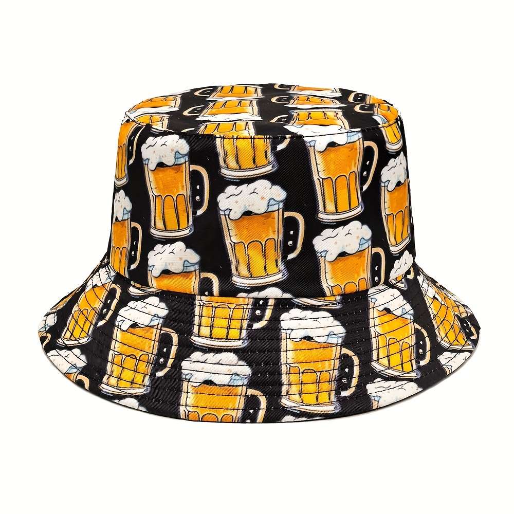 FUODRAO Men'S Stylish Beer Print Bucket Hat Double-Sided Sun-Protective Beach Cap