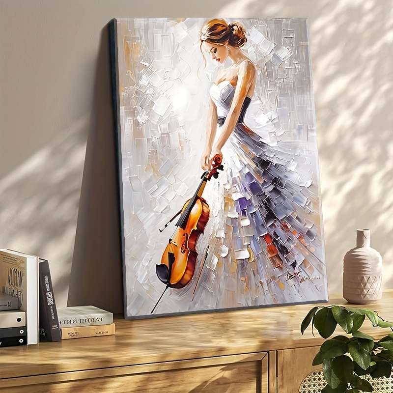 1pc Elegant Violinist Canvas Print Abstract Female Musician Oil Painting Pine Wood Wrapped Frame