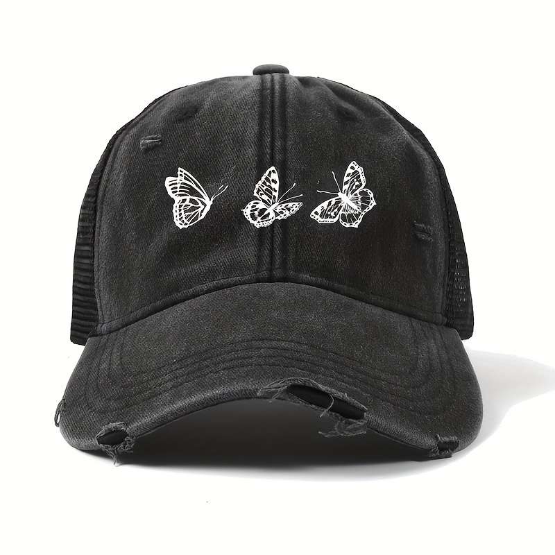 1pc Chic Butterfly Print Baseball Cap for Women Adjustable Lightweight Distressed Look Perfe
