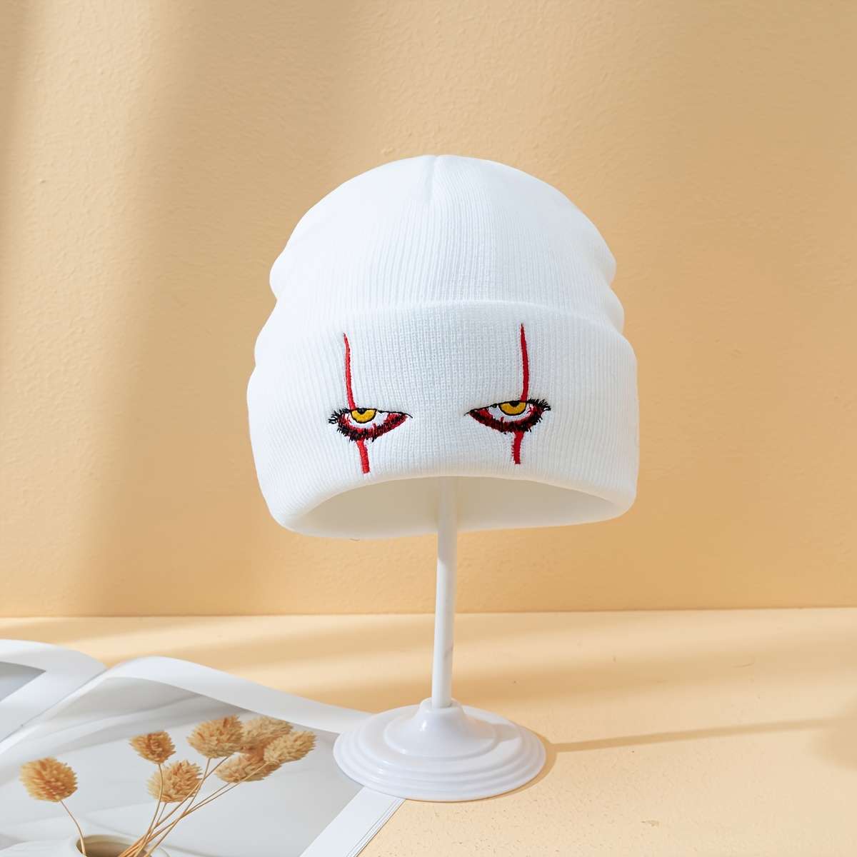 Trendy Devil'S Eye Embroidered Beanie Warm Acrylic Knit Winter Hat Lightweight Elastic Ma